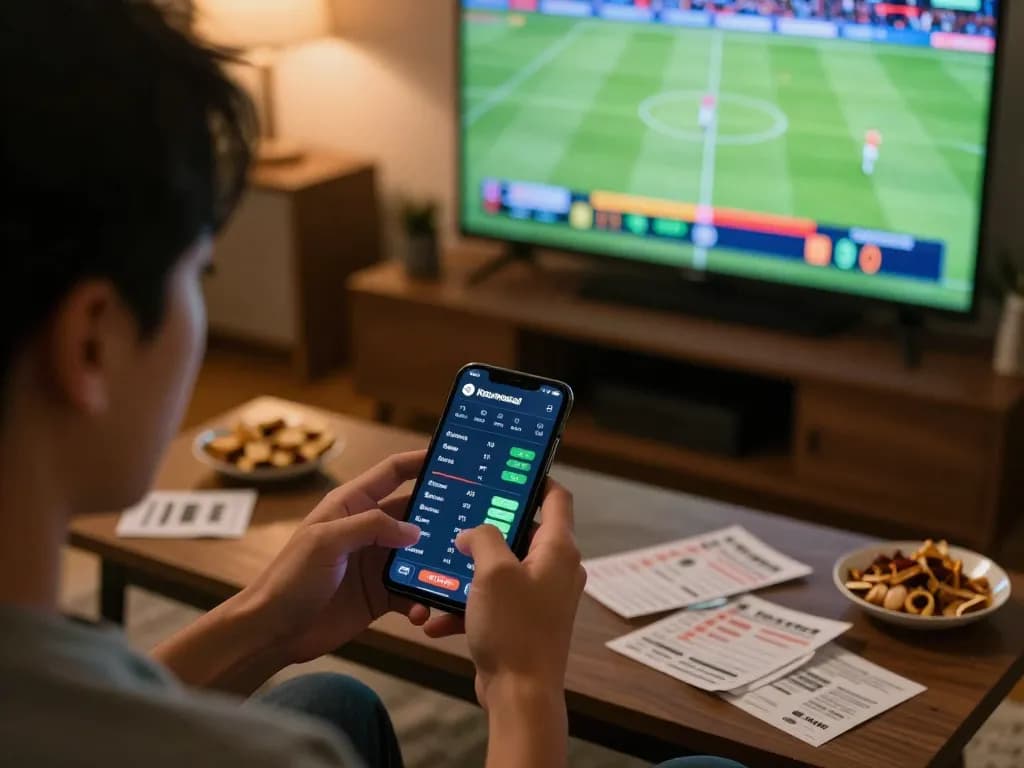 Engaged player using keonhacai app for sports betting during a live football match