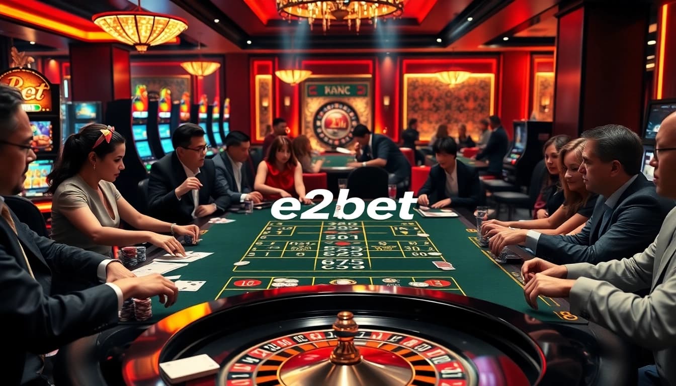 Players enjoying a thrilling E2bet me casino game at a vibrant gambling table with rich colors and lively atmosphere.