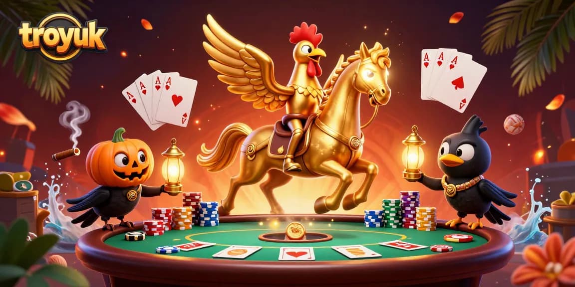 Experience troyuk's captivating casino scene with a golden rooster and poker action.