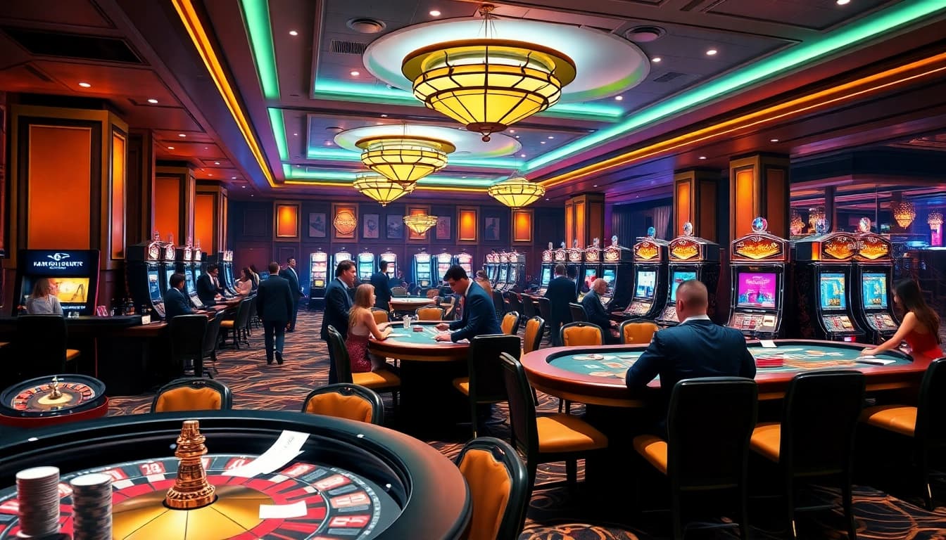 Engaging scene at lc88 club with vibrant casino tables, excited players, and colorful slot machines.