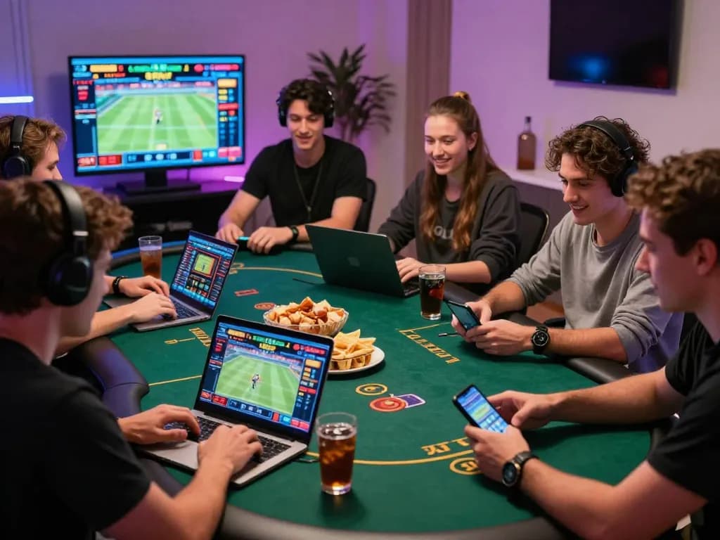 Diverse friends engaging in online betting from https://rikbet.in.net/ showcasing excitement in a stylish home environment.