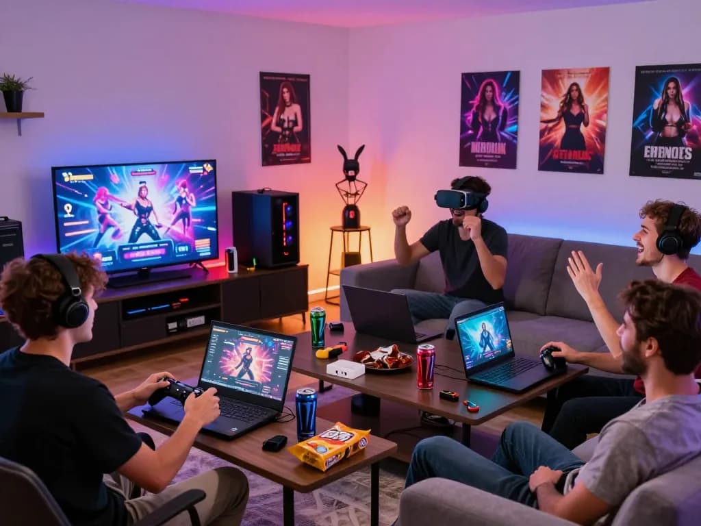 Gamers enjoying exciting sex games in a vibrant living room setup, showcasing engagement and fun.