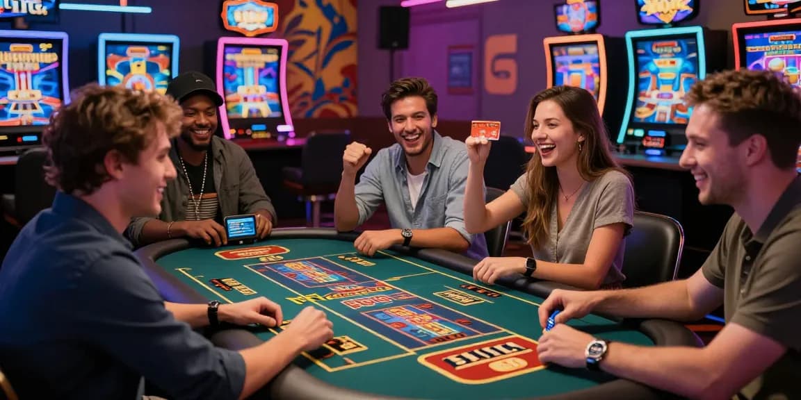 Players enjoying credit card casinos in vibrant casino setting with colorful screens and joyful atmosphere.