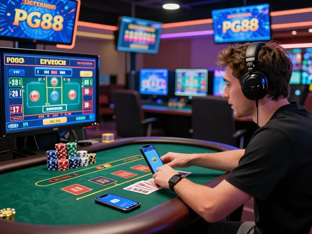 Exciting player engaging with live casino games at PG88, showcasing vibrant screens and gaming props.