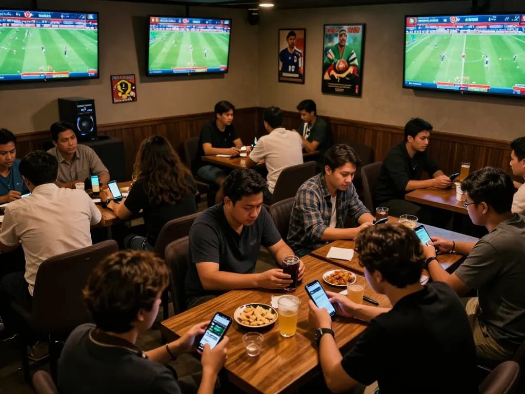 Kèo nhà cái 5 sports betting lounge filled with fans analyzing odds and making bets.