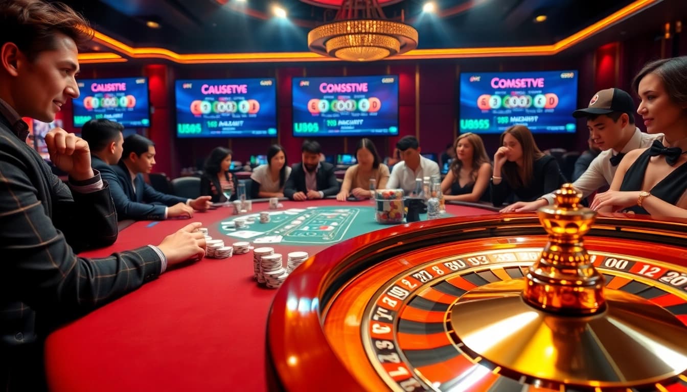 Engaging scene of gamblers at the elegant Trang chủ U888 casino table with poker chips and cards.