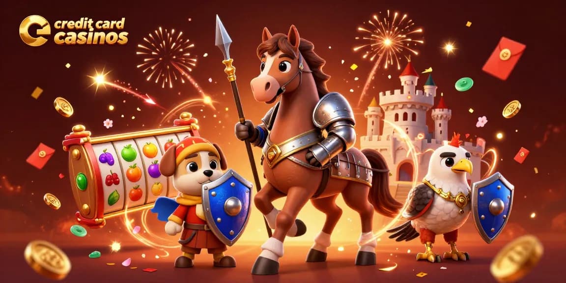 Experience the excitement of credit card casinos with vibrant slot reels and festive elements.