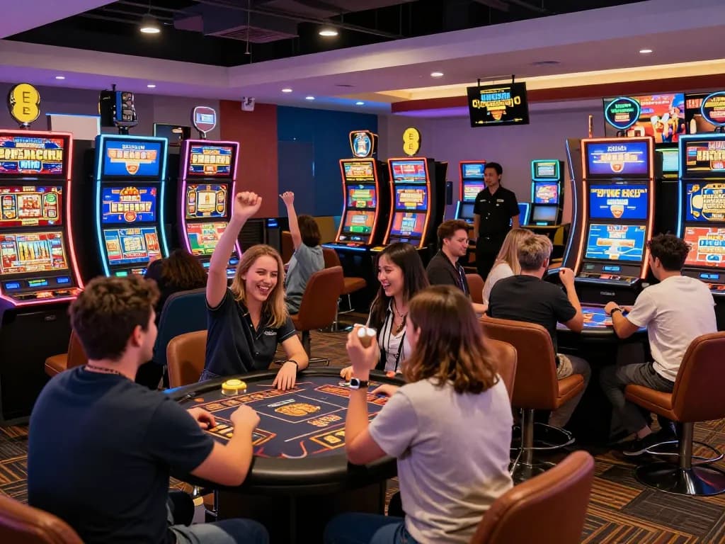 Players enjoying a thrilling gaming experience at EE88 casino, surrounded by vibrant lights and live dealers.