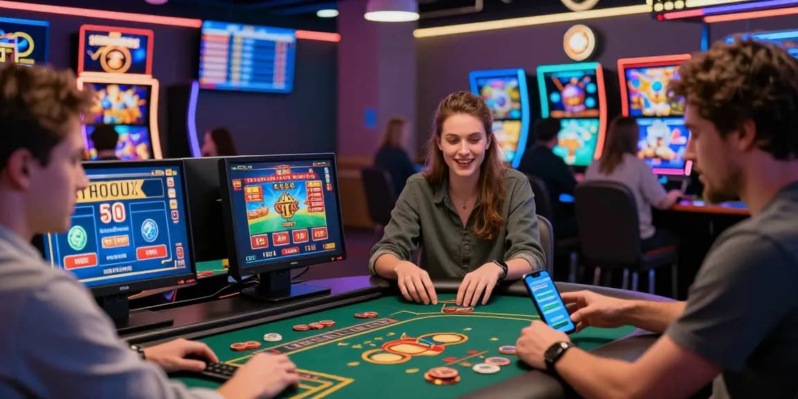 Excited players enjoying non uk casinos for uk players on various devices in a vibrant gaming environment.