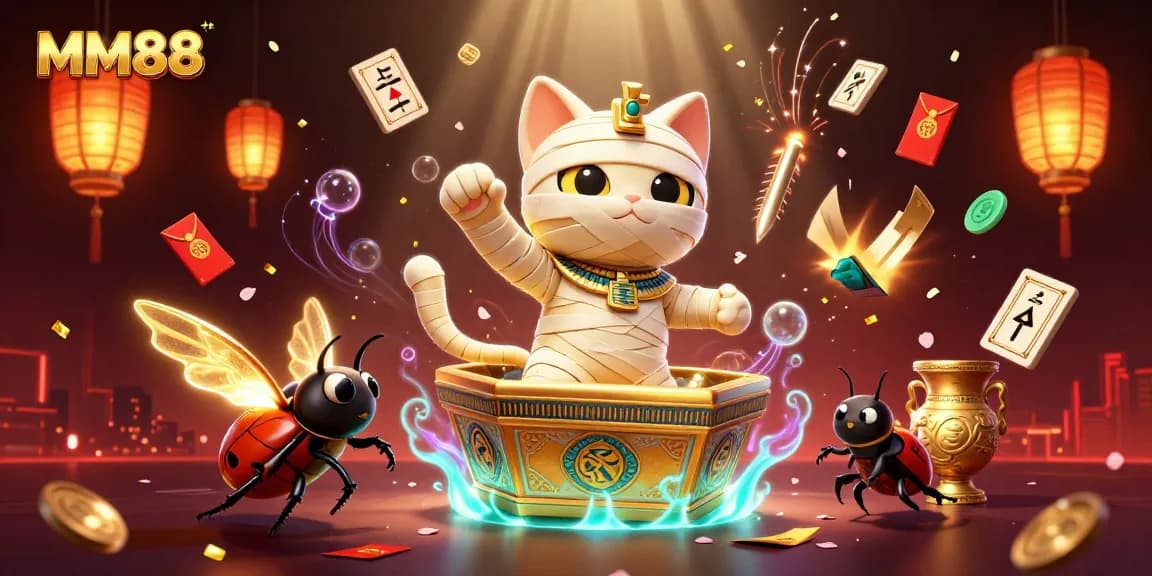 Experience the thrills of MM88 with a dynamic scene featuring Egyptian characters and rich casino elements.