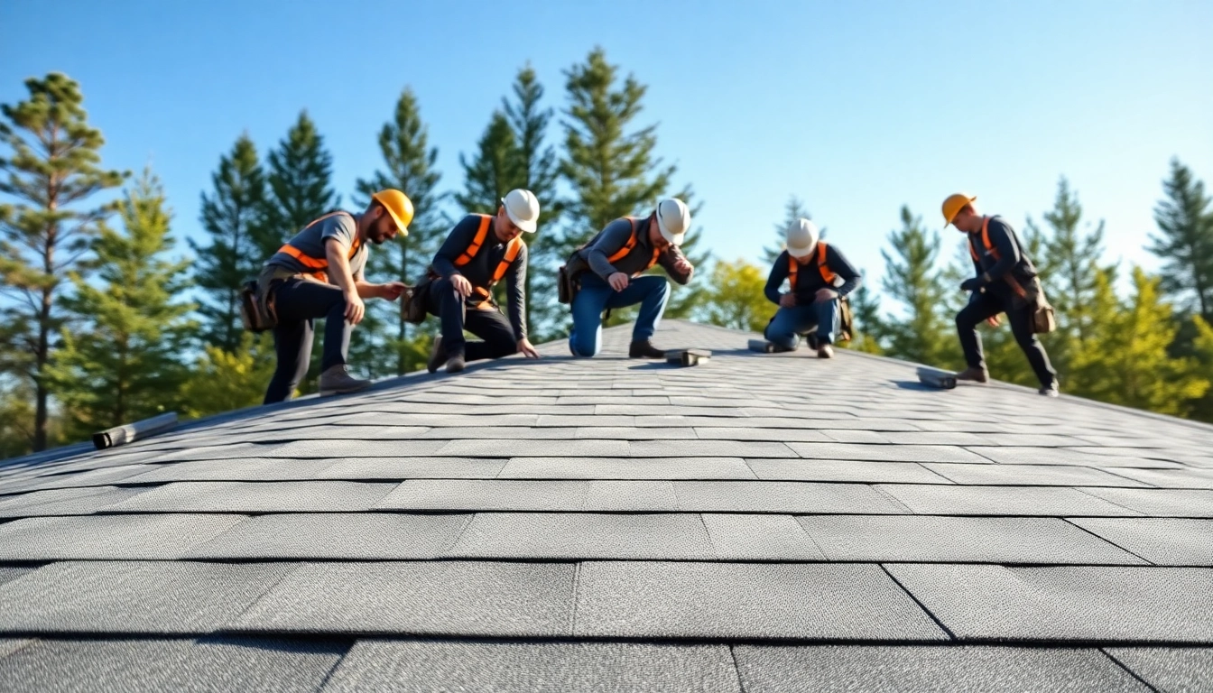 Roofing company experts installing shingles on a residential roof under clear blue skies.