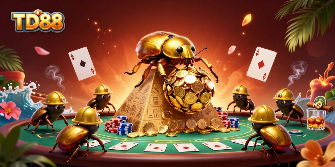 Engage with TD88 as a golden dung beetle rolls coins in an electrifying casino scene.