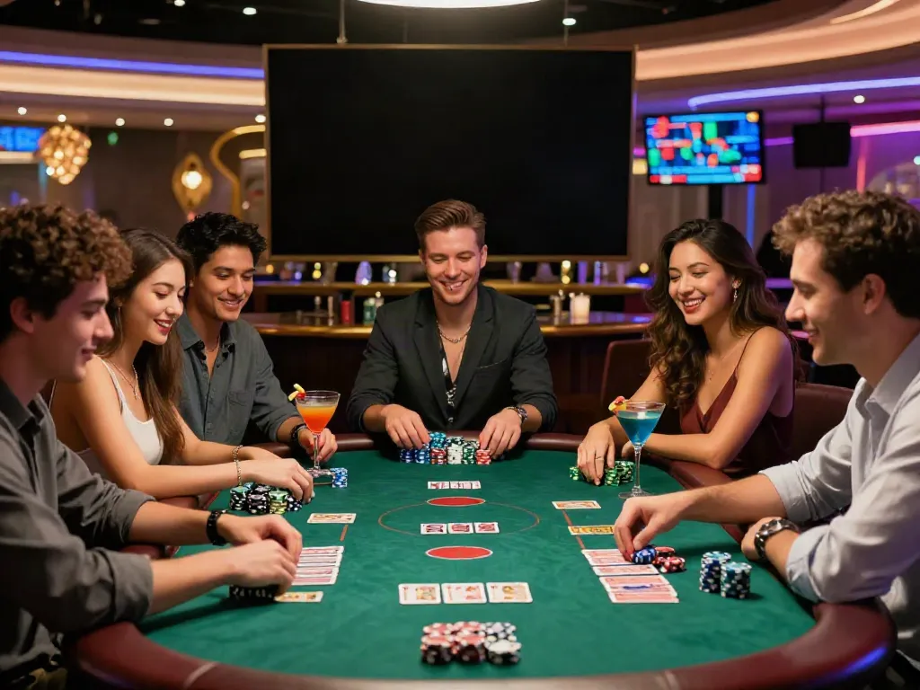 Exciting casino gaming moment depicting friends enjoying poker at a lively table, capturing the essence of casinos not on GamStop.