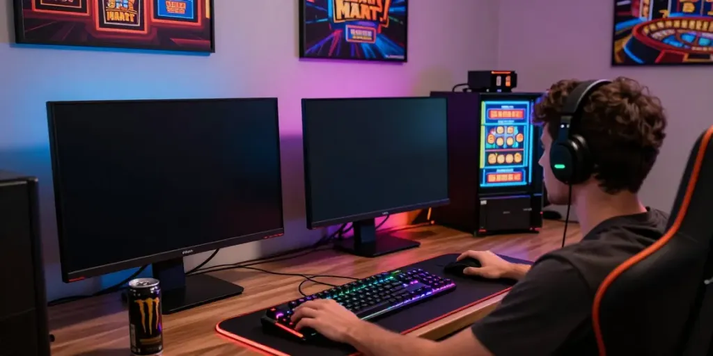 Exciting scene of a player in a vibrant home gaming setup exploring casinos not on gamstop.