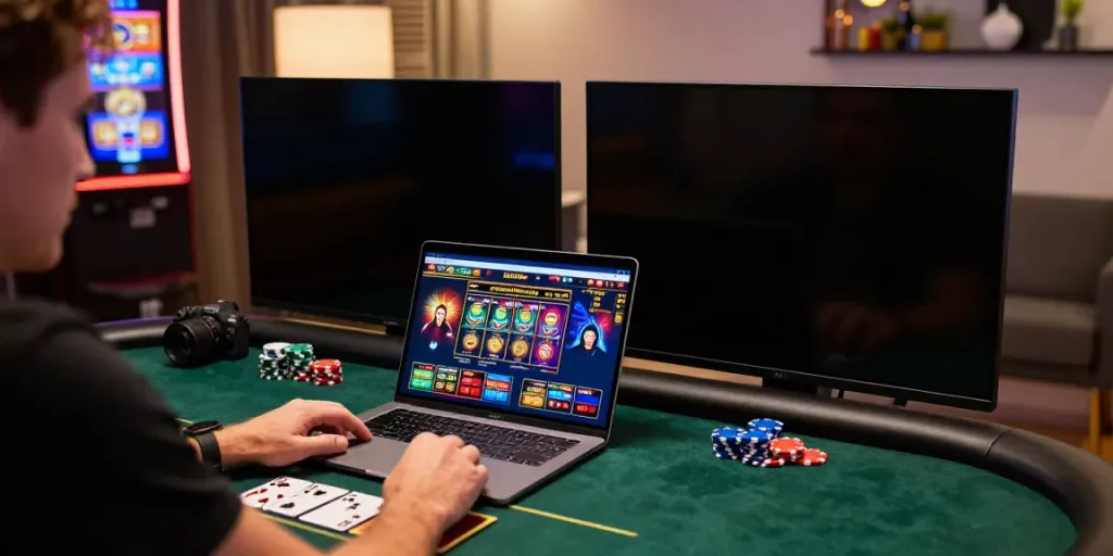 Player enjoying casinos not on gamstop with vibrant online interface and poker chips on desk.
