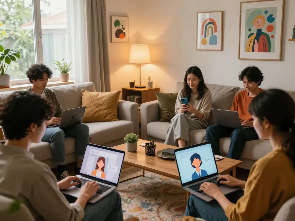 People enjoying nsfw ai chat in a cozy living room, interacting on smartphones and laptops with playful avatars shown on screens.