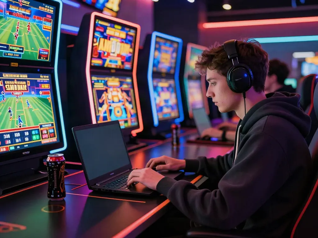 Immersive gaming atmosphere showcasing a player engaged in live casino games at LU88, with vibrant graphics and energetic surroundings.