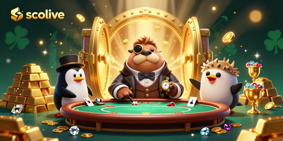 Socolive showcases an underwater poker scene with a walrus and penguin amidst golden treasures.