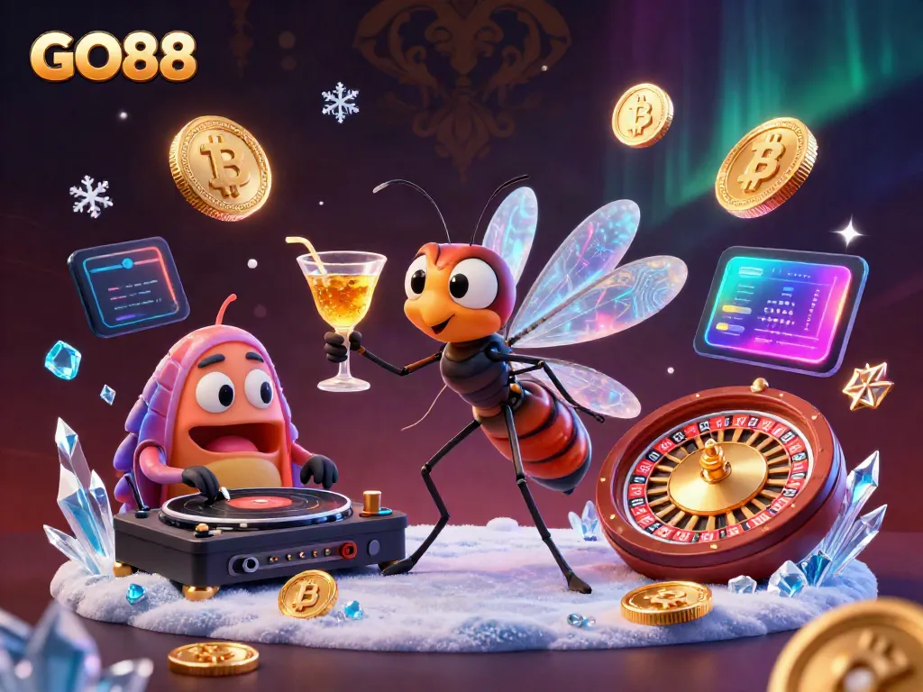 Engage with GO88 in a vibrant casino scene showcasing a mosquito mascot, trilobite DJ, and golden roulette elements.