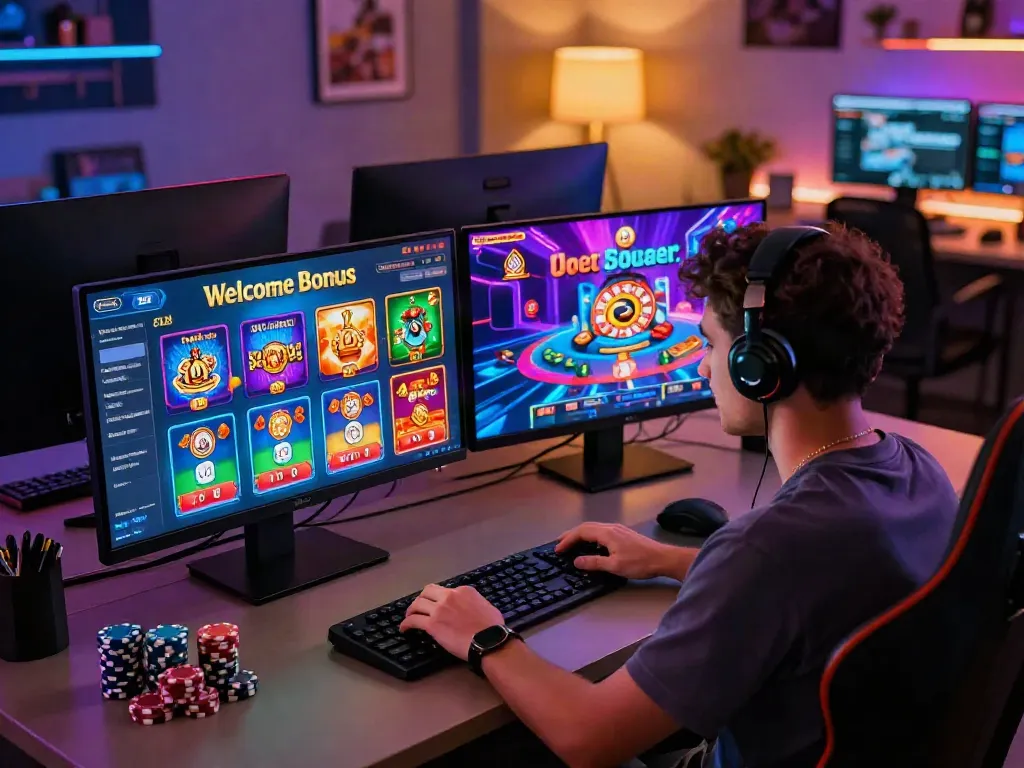 Engaging player at computer in vibrant online casino scene exploring casinos not on GamStop with poker chips and neon lights.