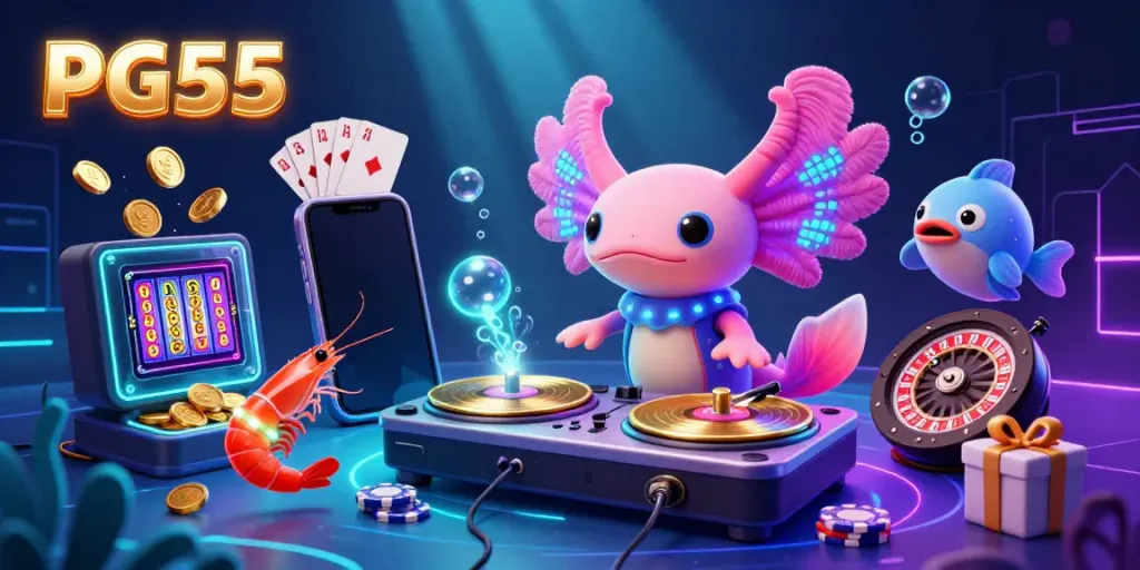 Experience winning thrills at PG55 with a vibrant underwater casino scene featuring a neon axolotl DJ.