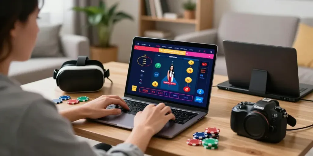 Experience thrilling casinos not on GamStop from home, engaging player in a vibrant gaming setup.