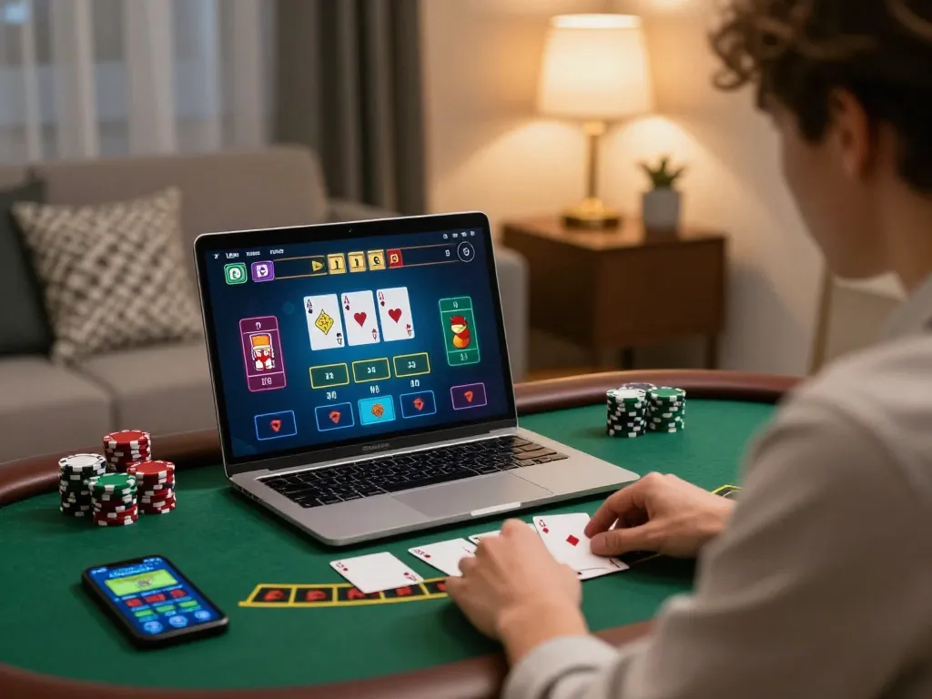 Engaging with sh bet online blackjack game in a cozy home setting, emphasizing strategic gameplay.