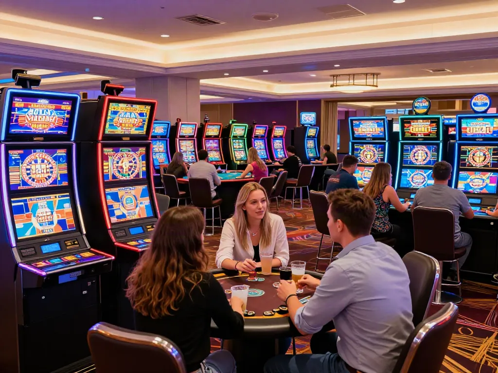 Colorful and lively casino environment showcasing casinos not on gamstop with players at slot machines and tables.