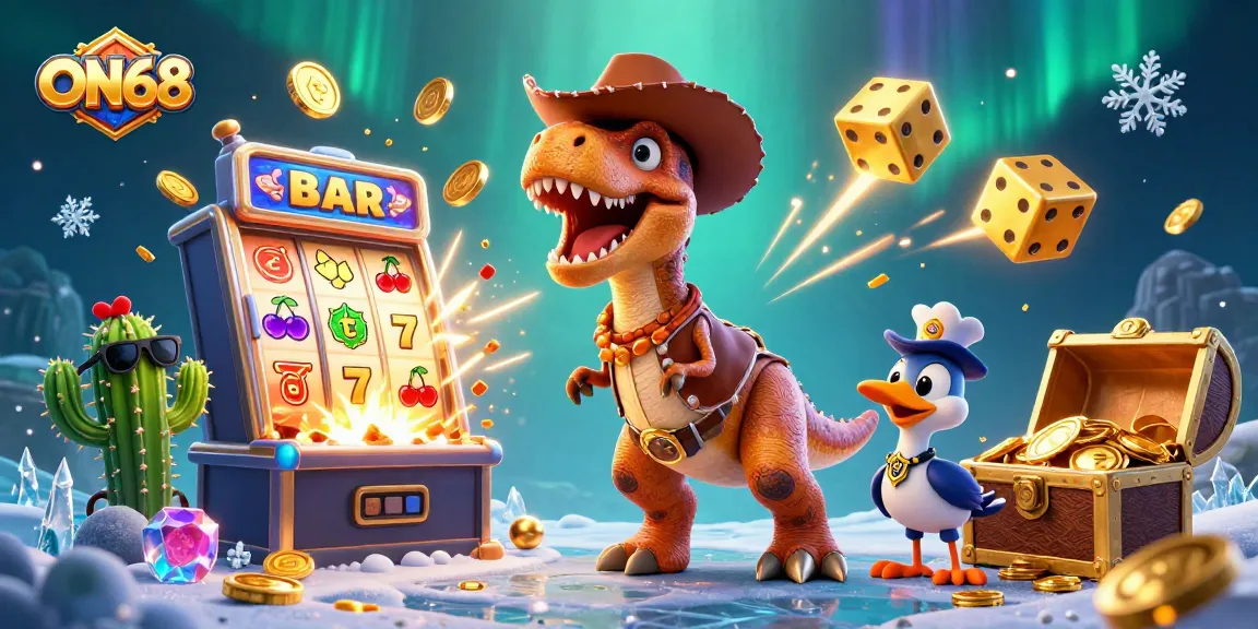 ON68 players enjoy a vibrant casino scene with a jackpot explosion from a 3D slot machine.