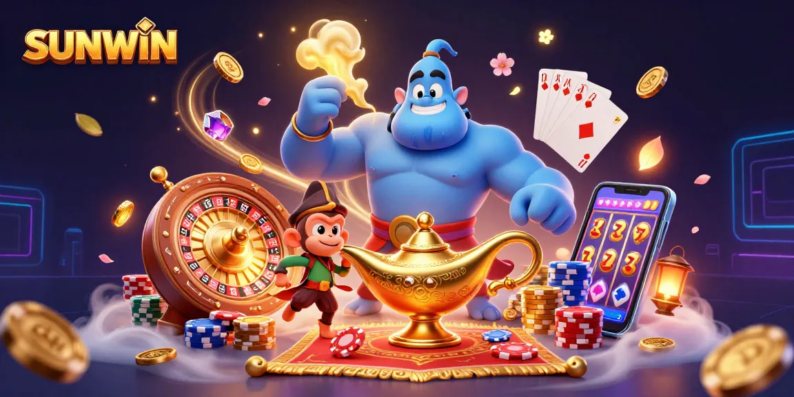 SUNWIN features an exciting scene of a genie, monkey, and magical carpet in a vibrant casino atmosphere.
