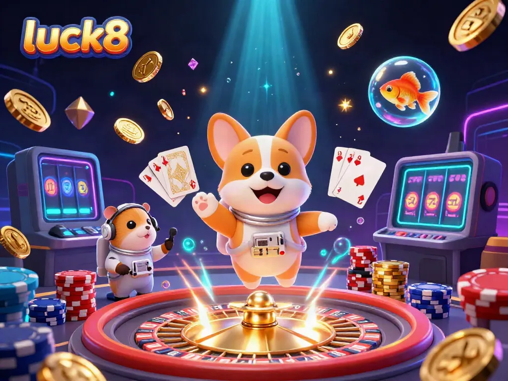 Experience thrilling gameplay at luck8 with a lively astronaut corgi in a vibrant casino scene.