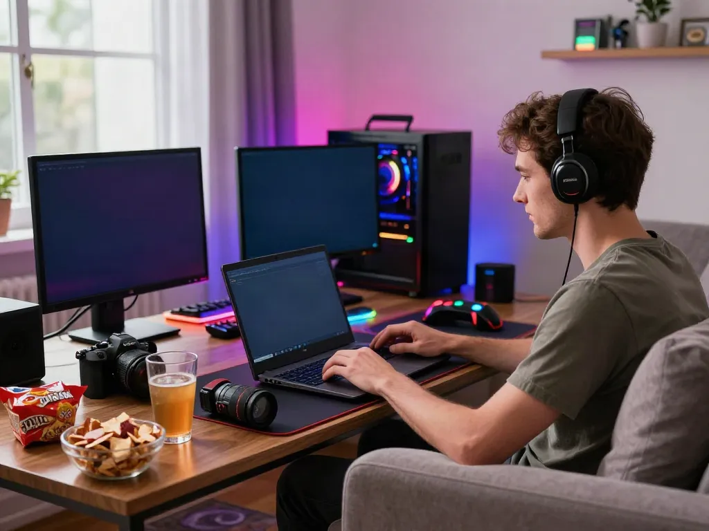 Player experiencing casinos not on GamStop in a cozy gaming setup at home, vibrant atmosphere.