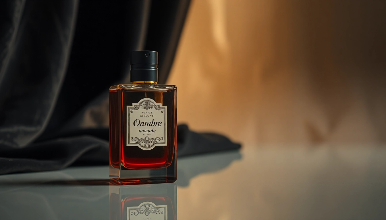 Showcase the Ombre nomade fragrance bottle on a reflective surface against dark velvet, highlighting its luxury.