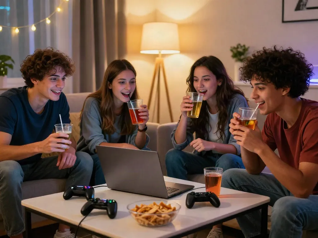 Friends enjoying online gameplay at home with casinos not on gamstop as a backdrop for fun.