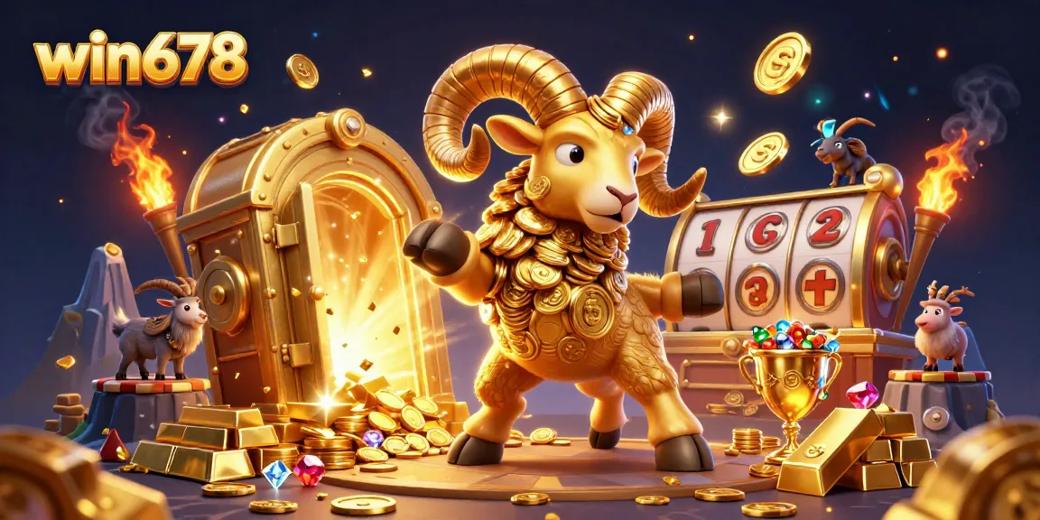 Experience thrilling wins at win678 with an energetic 3D cartoon illustration of a golden ram charging through a spectacular treasure scene.