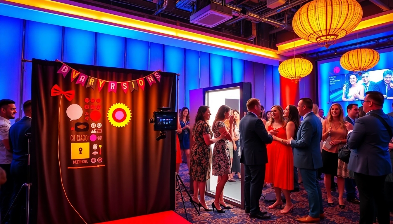 Engaging scene of photo booth rental chicago with guests enjoying vibrant decorations and props.