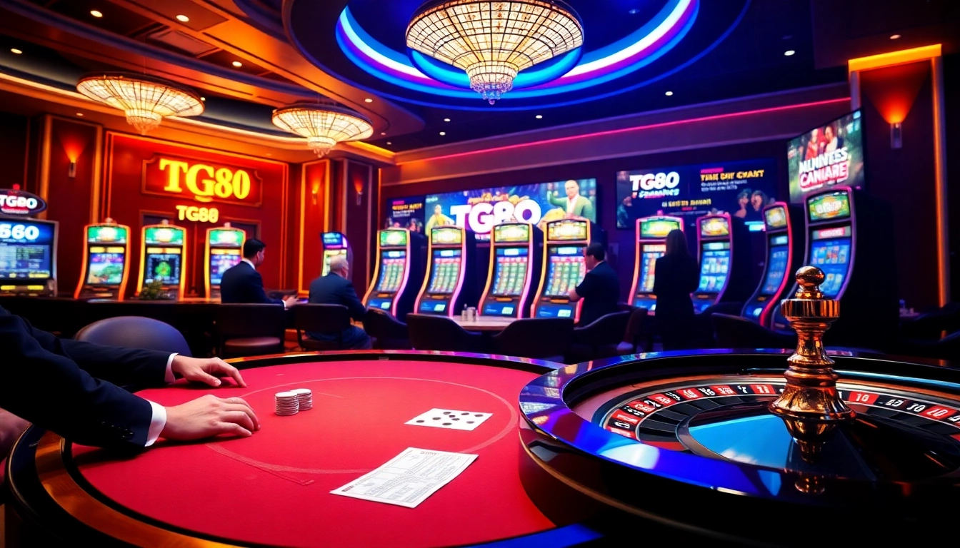 Exciting TG88 online casino scene with poker table, slot machines, and roulette wheel.