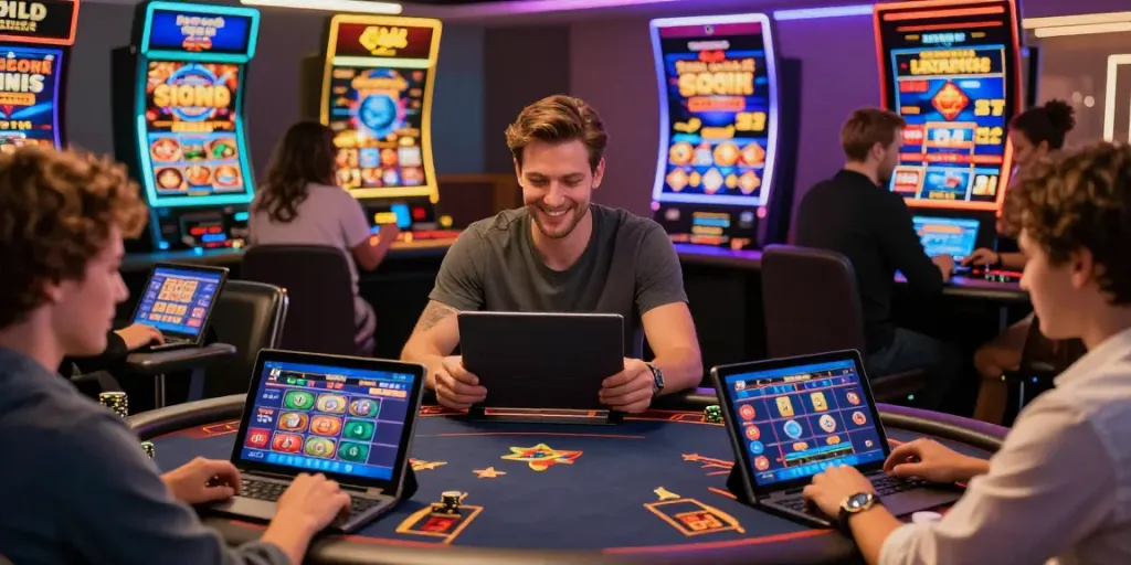 Players enjoying casinos not on GamStop with vibrant online gaming setup and dealer interaction