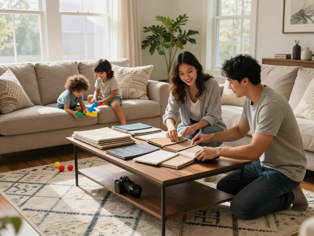Residential carpet installation scene with family selecting carpets in warm living room.