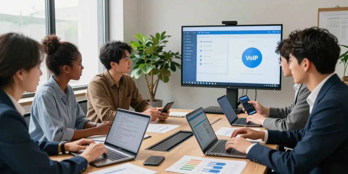 Team discussing small business phone service solutions in a bright office setting.