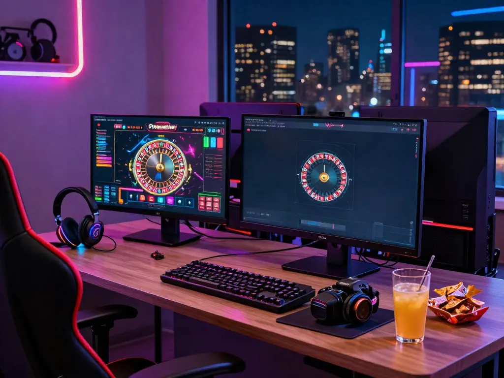 Online gaming setup showcasing casinos not on GamStop with sleek monitors.