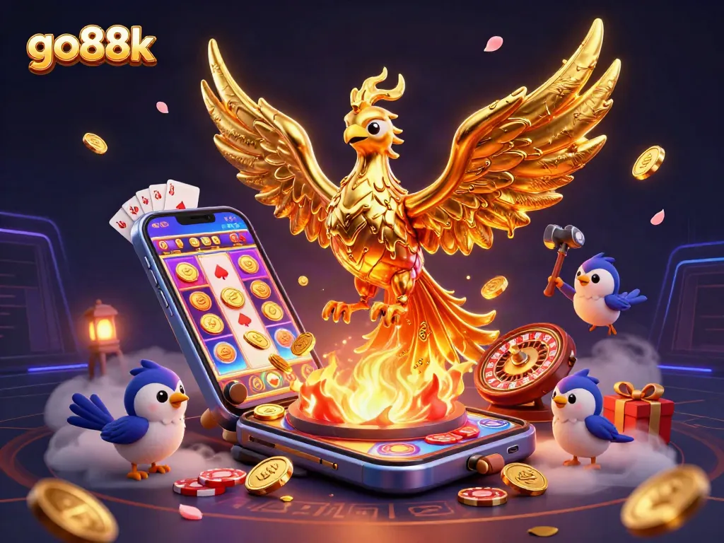 Experience the thrilling wins at go88k with a dynamic casino illustration showcasing gold coins and video slots.
