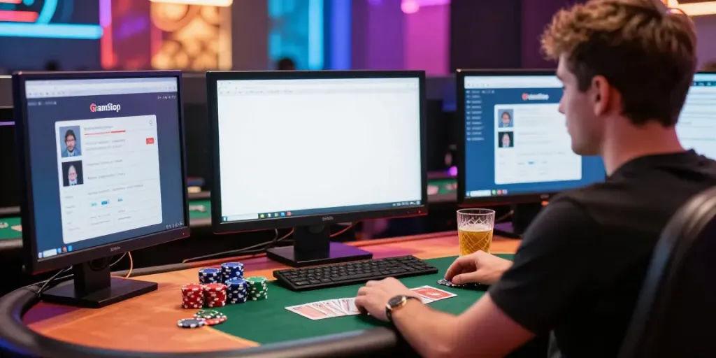 Player engaging with casinos not on GamStop interface at a stylish desk.