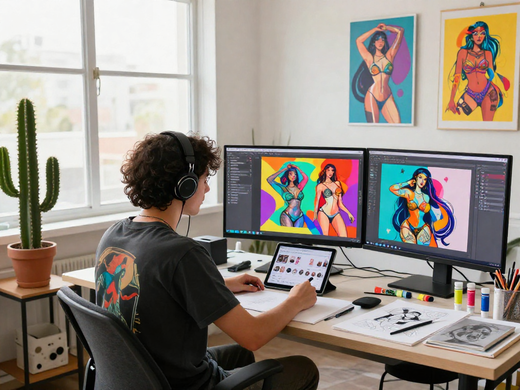 A vibrant digital art studio capturing an artist creating nsfw multimedia artwork, showcasing screens with colorful illustrations and creative tools.