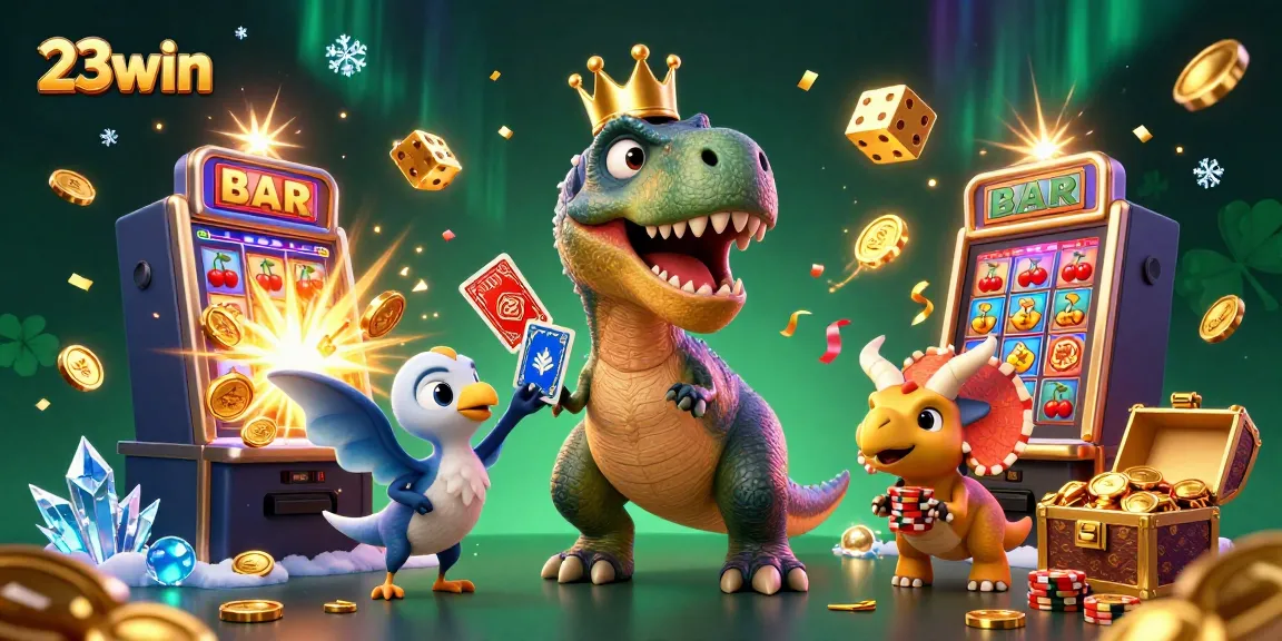 23win players enjoying vibrant casino adventures with cartoon dinosaurs in a rich 3D scene filled with games.