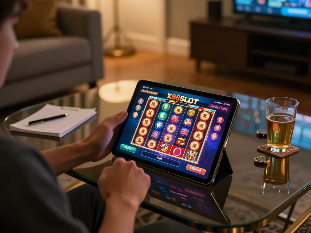 X88 SLOT on display as a player engages in online gambling from a cozy living room setup.