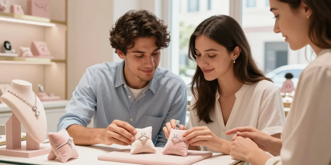 Couple exploring beautiful lab grown engagement rings uk in a boutique setting, capturing love and connection.