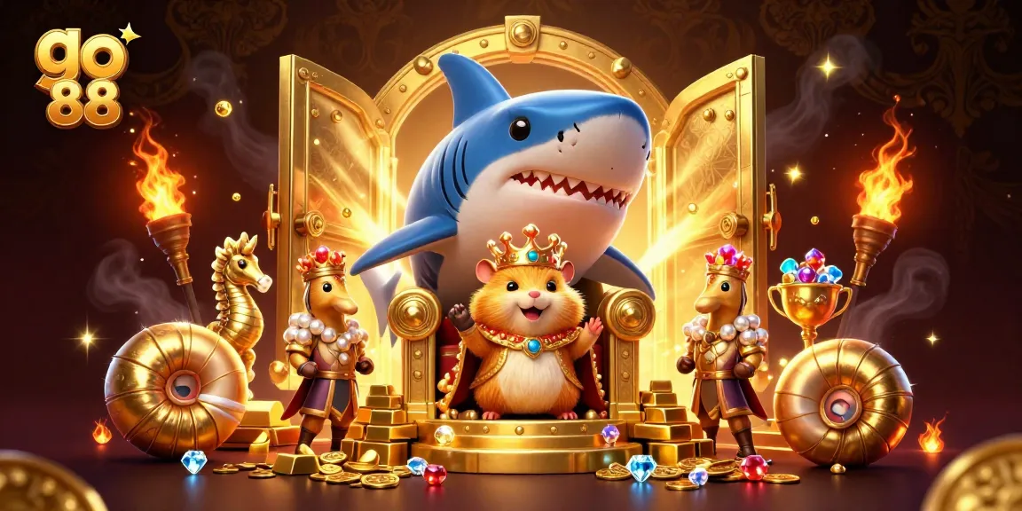 Experience the thrill of go 88 with a golden hamster king and treasures in this vibrant casino scene.
