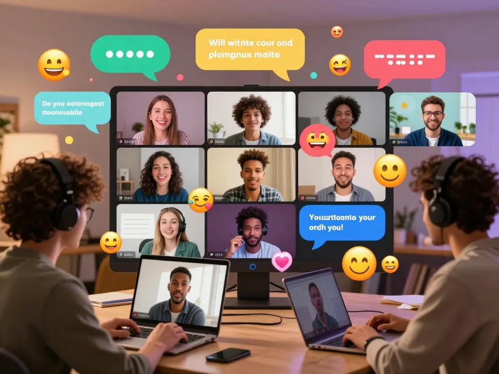 Engaging sexchat room scene with diverse avatars interacting in a lively online community.