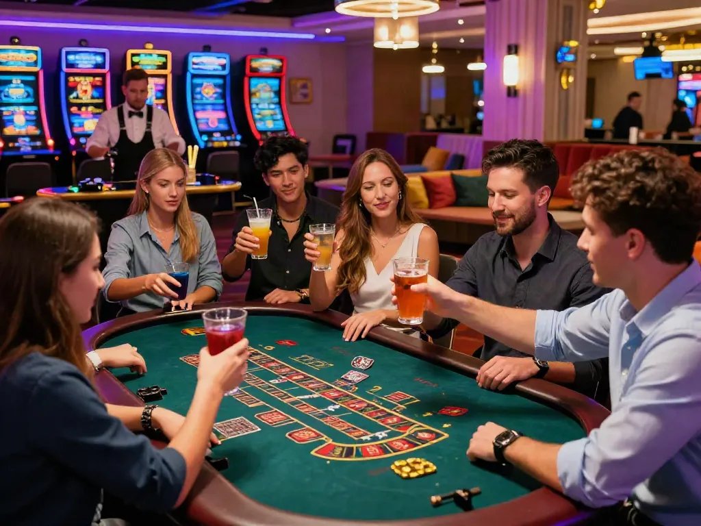 Casinos not on GamStop vibrant scene showing players enjoying games with neon lights.